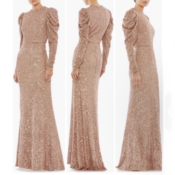 Mac Duggal Sequin High Neck Juliet Puff Long SleeveTrumpet Column Gown Copper